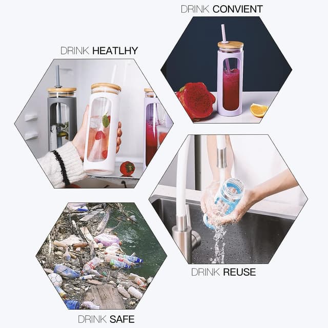 Detalle de Kodrine 20oz Glass Tumbler with Straw and Lid (Bamboo Lids, Silicone Sleeve) — Black + Amber, 2-Pack