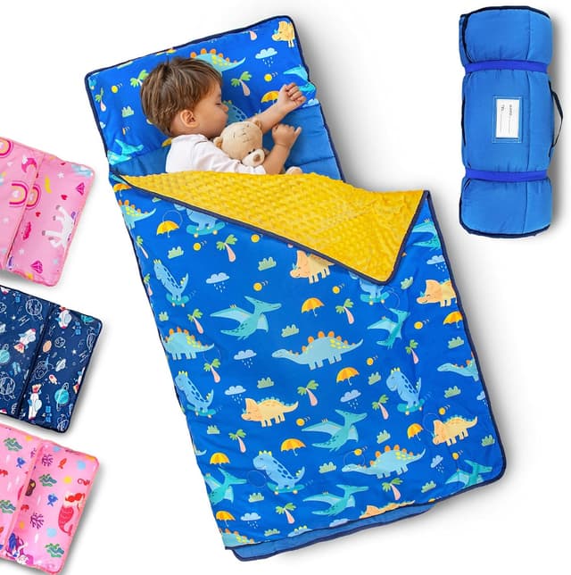 Detalle de Primlect Toddler Nap Mat with Removable Pillow and Fleece Blanket (55 x 22 Sleeping Bag) — Washable & Easy to Roll