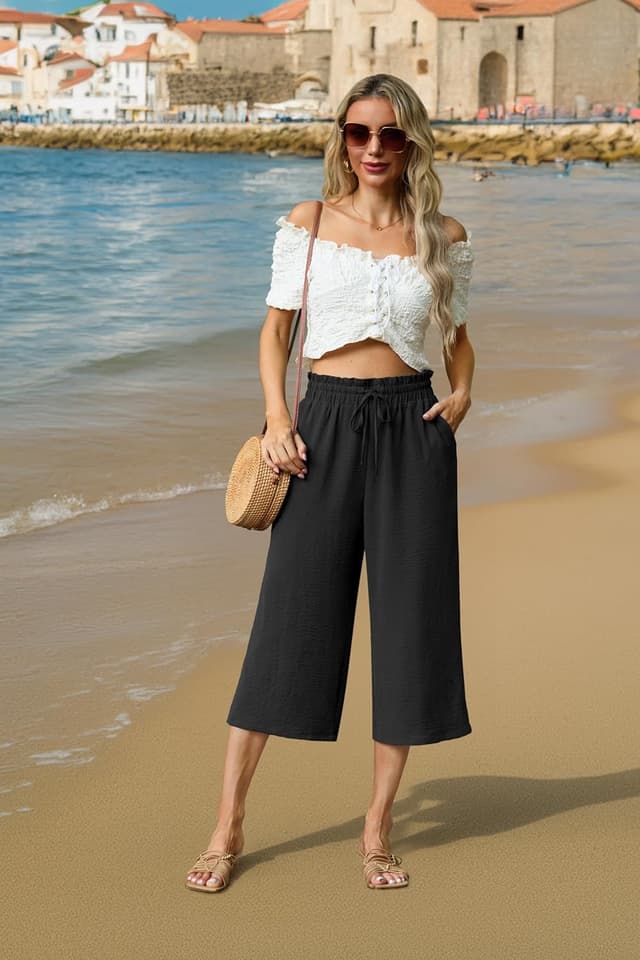 Detalle de FREEOAK Women’s High-Waisted Capri Pants with Wide-Leg Fit, Pockets & Adjustable Drawstring