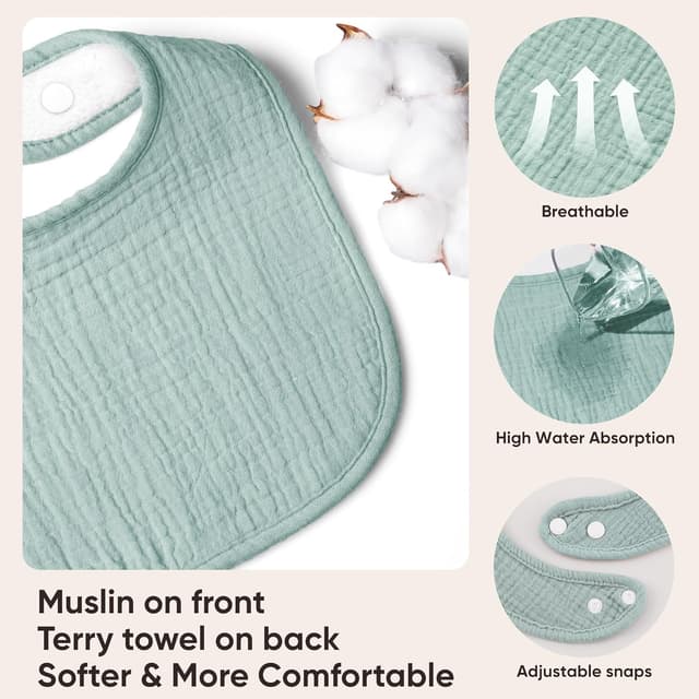 Detalle de bearmoss Muslin Baby Dribble Bibs (100% cotton) – 8-pack bandana-style bibs for drool & teething