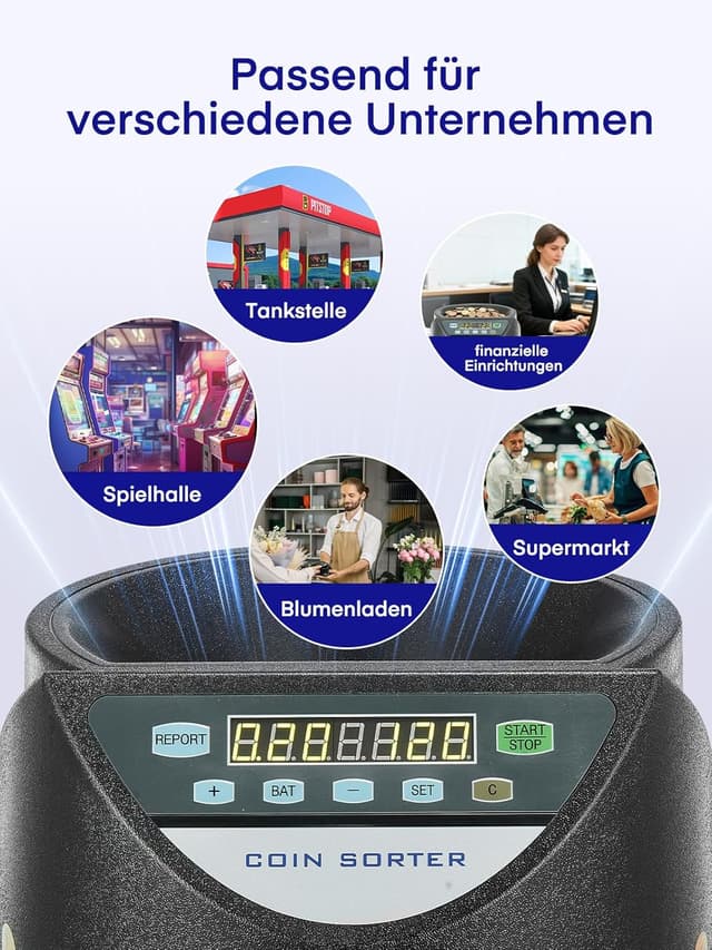 Detalle de Münzzähler Euro Sortierer (Münzen Zählmaschine) mit 8 Auffangboxen, 7‑stelliger LED-Anzeige – 800 Münzen Kapazität, schwarz