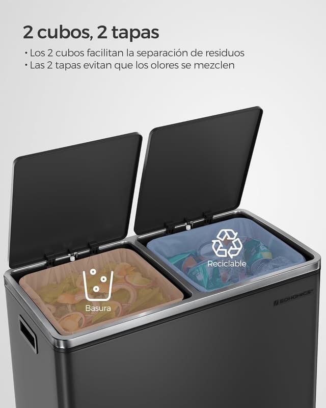 Detalle 1 de SONGMICS Cubo de basura 2 compartimentos 30L ♻️ Hermético Negro