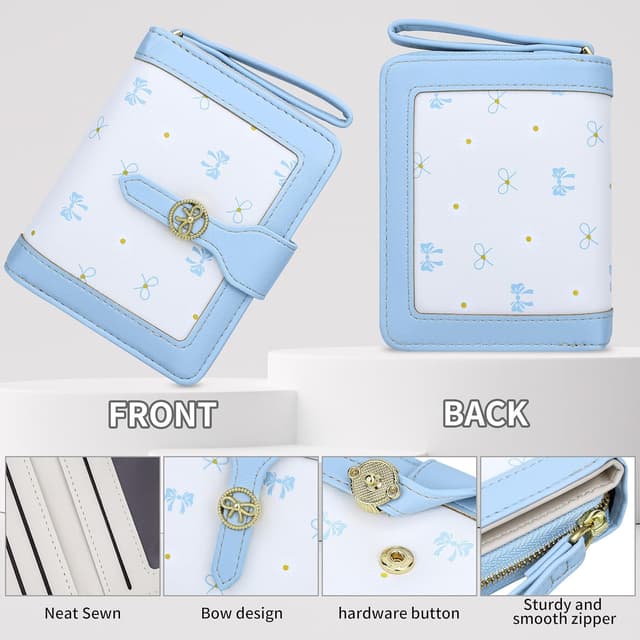 Detalle de Farcauo mini porte-monnaie pour femme à nœud bleu – format portefeuille compact