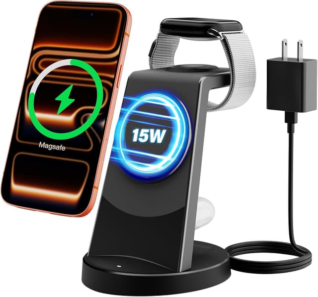 Detalle de 15W Magnetic Wireless Charger Stand (Qi2) for Apple 3-in-1 Charging Station