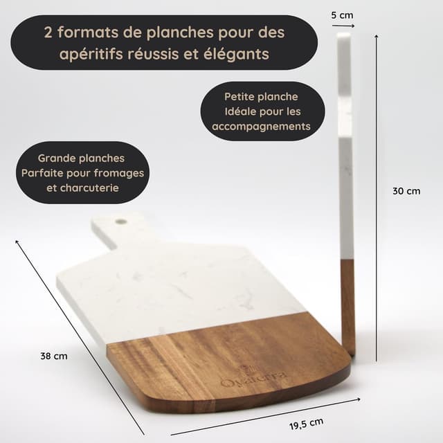 Detalle de Ensemble OYATERRA® de 2 planches apéritif bois & marbre (acacia FSC) pour plateau fromage, charcuterie et service