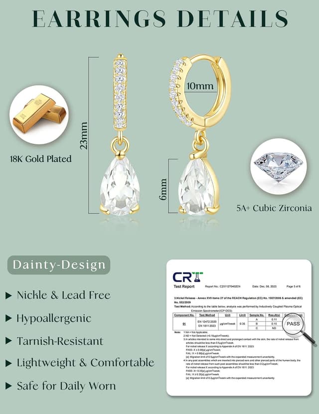 Detalle 2 de ZNBOH orecchini pendenti donna in oro placcato 18K anallergici con zirconi e pietra di nascita