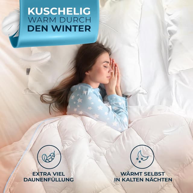 Detalle de Glückstoff® Winterdecke aus Federn und Daunen 155x220 cm – extra warme, waschbare Daunendecke für Allergiker