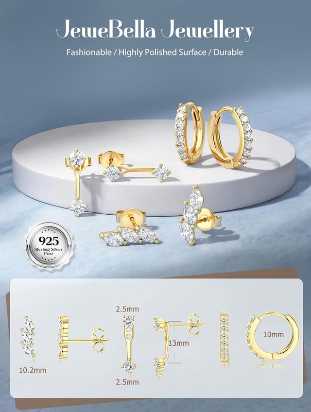 Detalle de JeweBella Set aus 3 Paar Ohrringen in Sterlingsilber 925 (vergoldet, Zirkonia) – Damen