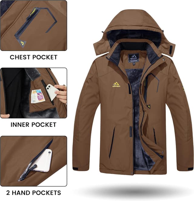 Detalle de TACVASEN Men’s Winter Skiing Jacket with Hood, Water-Resistant Fleece Insulation