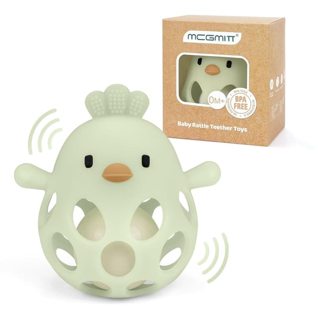 Detalle de MCGMITT Silikon-Beißring Greifball mit Rassel (Hühnerform), BPA-frei – Zahnungshilfe für Babys 3–18 Monate