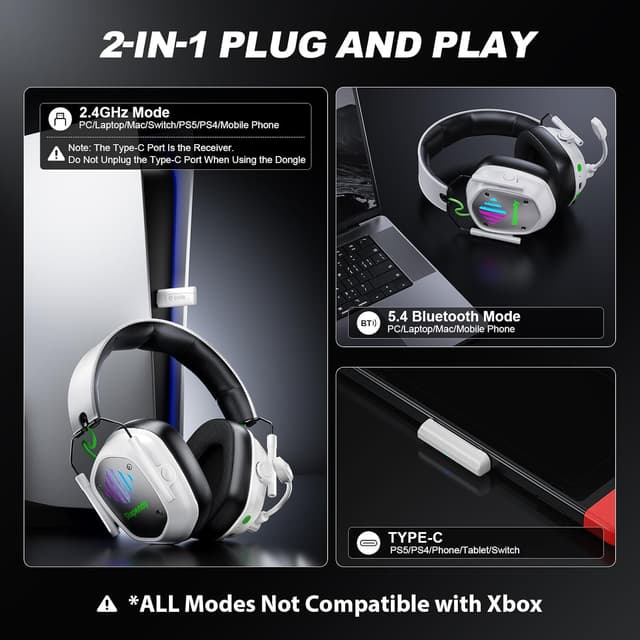 Thumbnail 6 de Skapendy Wireless Gaming Headset (2.4GHz USB & Type-C, ENC Mic, 50mm Drivers) for PC, PS5, PS4, Switch, Mac & Mobile