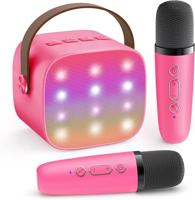 Detalle de YLL Mini Kinder-Karaoke-Maschine mit 2 Mikrofonen (Hotpink) – tragbarer Bluetooth-Karaoke-Spaß für Kinder