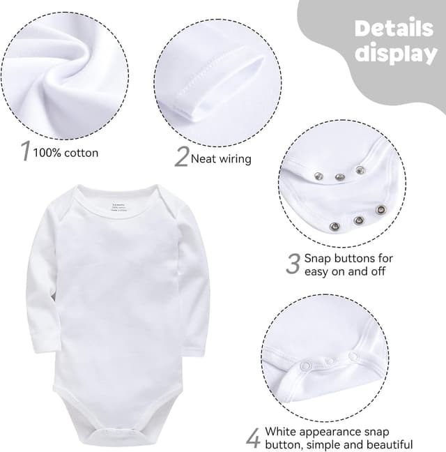 Detalle de Wocharm long sleeve baby bodysuit vests (3-pack) in cotton for boys and girls