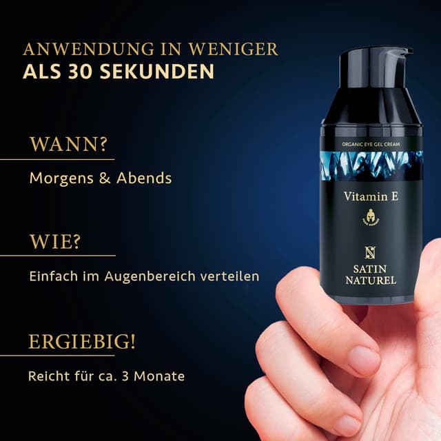 Detalle 2 de Satin Naturel Augencreme 30 ml mit Hyaluron, Vitamin E & Arganöl (vegan) – kühlende Pflege gegen müde Haut und Augenringe