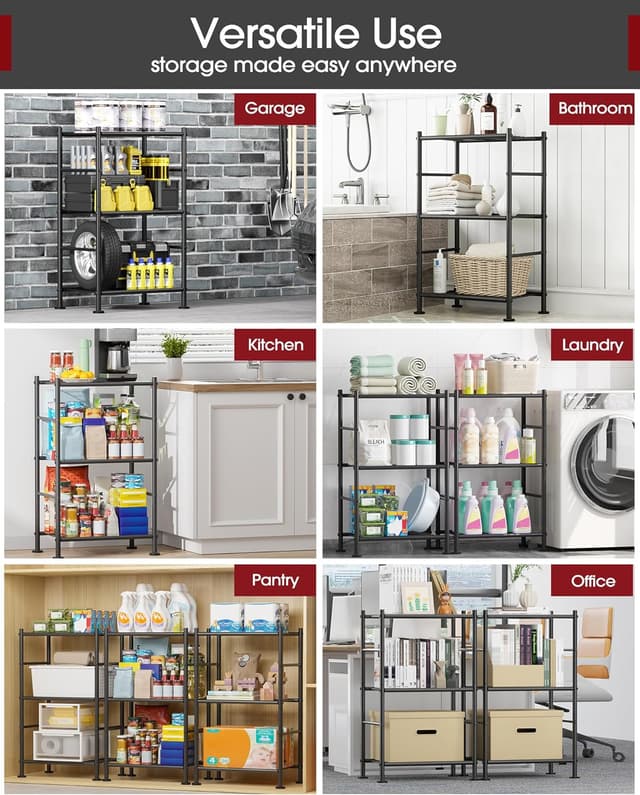 Detalle de Sakugi 3-Tier Storage Shelves (18" x 12" x 30") — Metal Garage Shelf Organizer with Adjustable Leveling Feet