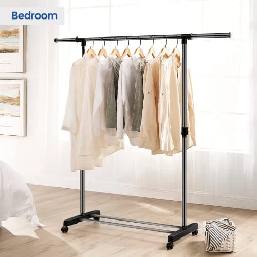 Detalle de edihome Burro Ropa y Perchero colgador con ruedas (43x160x150 cm) metálico y ajustable