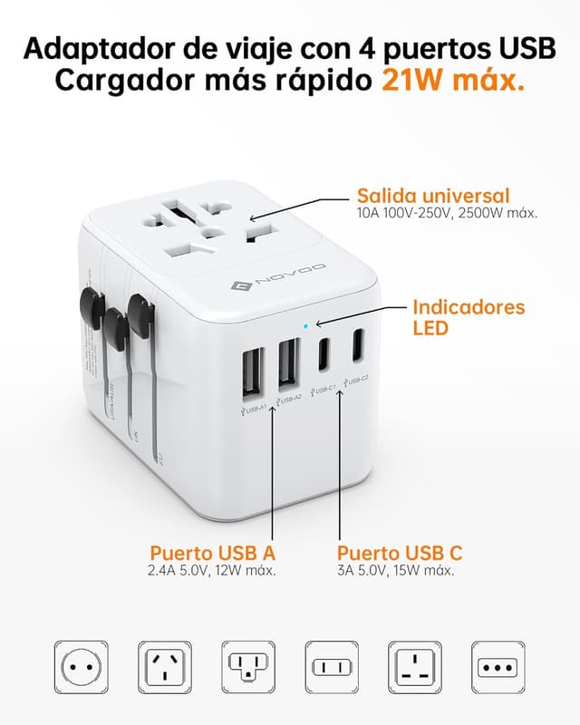 Thumbnail 6 de NOVOO Adaptador Universal de Viaje con USB-C y USB 🔌