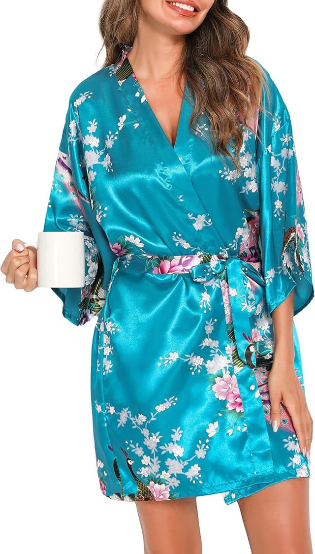 Detalle de Kimono satin court Vlazom pour femme (mariage, EVJF, nuisette) en polyester