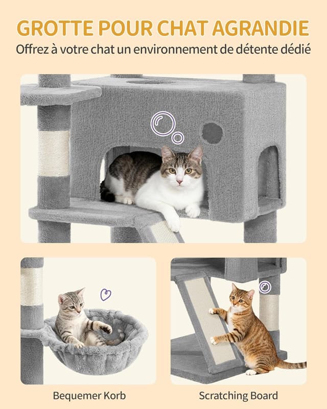 Detalle de Hzuaneri Arbre à chat 153 cm gris clair MS15418LGV1 : spacieux, stable et pensé pour griffer