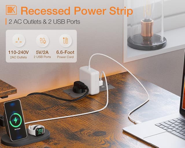 Detalle de ODK Corner Desk with Drawers (L-Shaped) 140x80cm, USB Charging Ports & Power Outlets, Rustic Brown