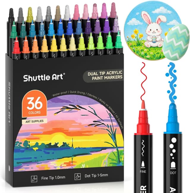 Detalle de Shuttle Art Acrylstifte wasserfest für Steine – 36 Farben mit Dual-Spitze (Dot & feine Spitze)