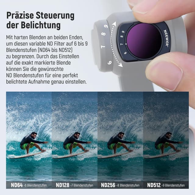 Detalle de NEEWER Variabler ND Filter magnetisch (ND64–512) für DJI Osmo Pocket 3 Creator Combo – inkl. Displayschutzfolie & Reinigungsset