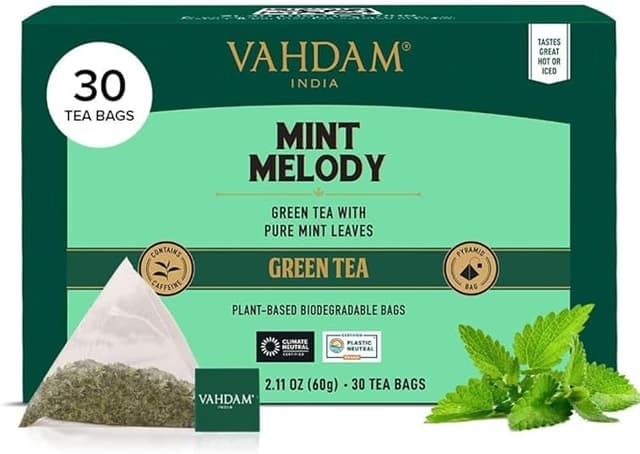 Detalle de Vahdam Mint Melody Té Verde 🌿 30 Bolsitas, Natural, India