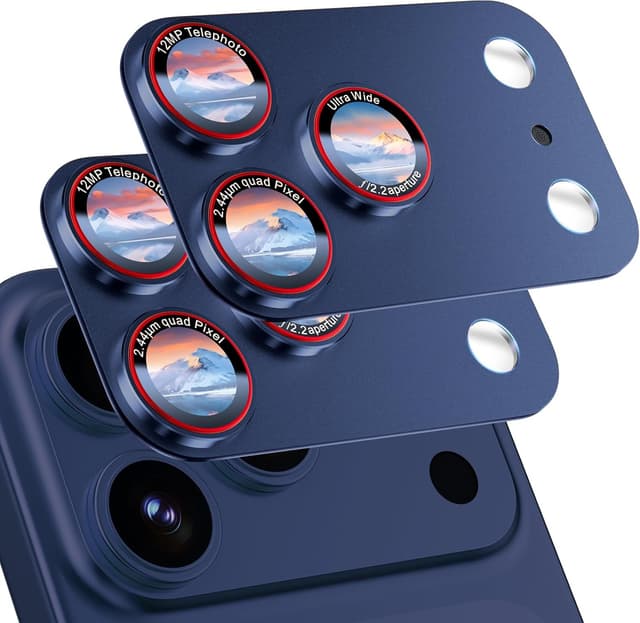 Detalle de HelloDeere 9H High-alumina Tempered Glass Camera Lens Protector for iPhone 17 Pro Max (Blue, 2-Pack)