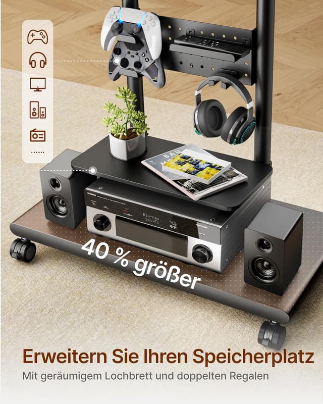 Detalle de ECOTINY TV Ständer Rollbar mit Ablagefächern – höhenverstellbar, dreh- und neigbar, VESA bis 600 x 400 mm