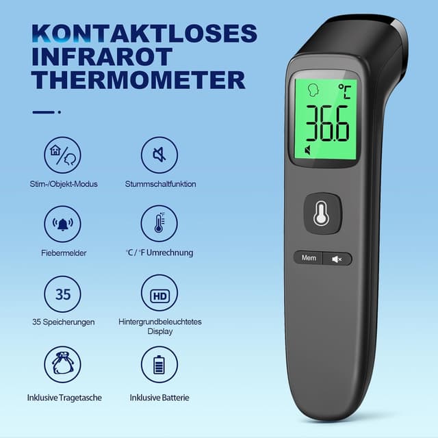 Detalle 2 de Kontaktloses Fieberthermometer (Stirnthermometer) mit LCD-Anzeige und 35 Speicherabruf – Tiefschwarz