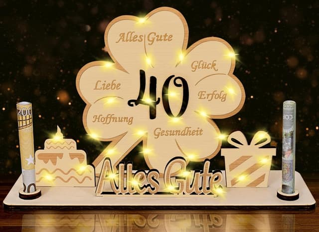 Imagen de Geldgeschenk 40 Geburtstag LED Kleeblatt Holz Gästebuch en OfertitasTOP