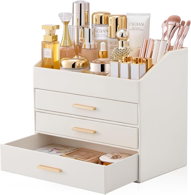 Detalle de Lolalet 4-Layer PU Leather Makeup Organiser with Drawers for Vanity Desk (Cream)