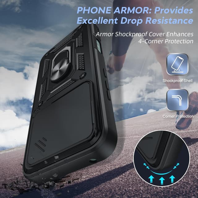 Detalle de LeYi for Honor 400 Lite 5G rugged phone case with sliding camera cover, ring stand & 2 tempered glass protectors (Black)