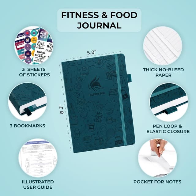 Detalle 2 de Clever Fox Fitness & Food Journal (Nutrition & Workout Planner) – Undated A5 Hardcover, Dark Teal