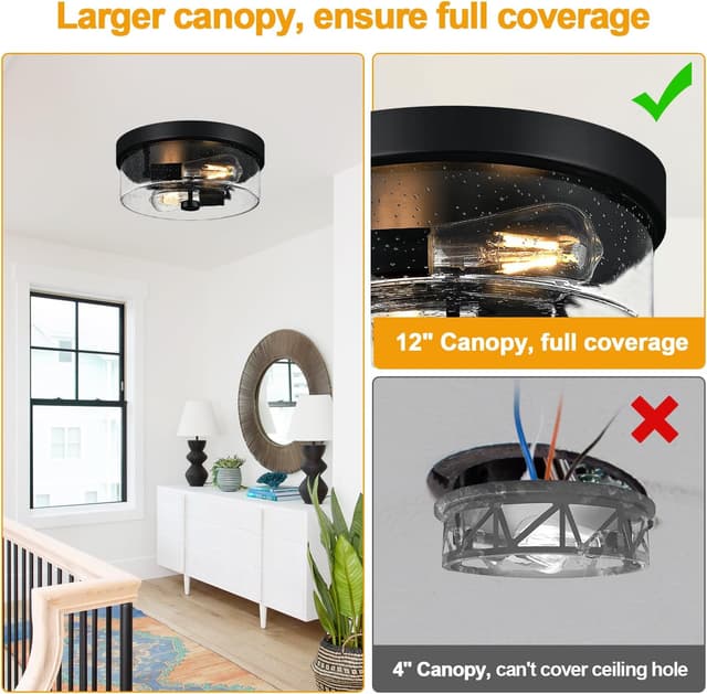 Detalle de Black 2-Light Flush Mount Ceiling Light Fixtures with Seeded Glass Shade (Farmhouse/Industrial Style)