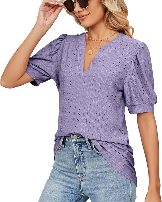 Detalle de EDOTON Donna maglietta con scollo a V e maniche a vescica, camicetta casual in poliestere (taglie S–XXL)