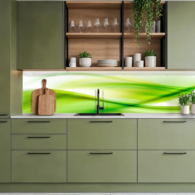 Detalle 2 de KitchenYeah© Küchenrückwand 60x300 cm mit Glasoptik-Design – selbstklebender Spritzschutz in Grün (abstrakt)