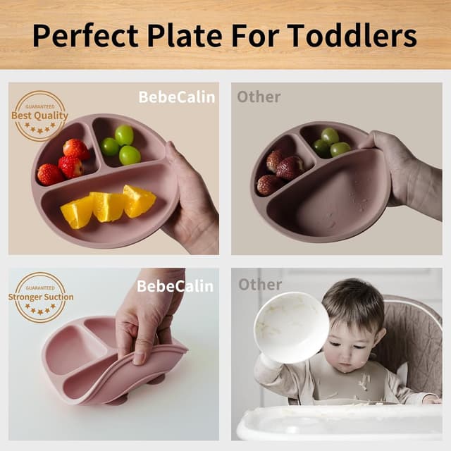 Detalle 2 de BebeCalin Baby Suction Plate Set of 3 (Royal Blue/Cream/Army Green) – Non-Slip Divided BPA-Free Silicone Plates