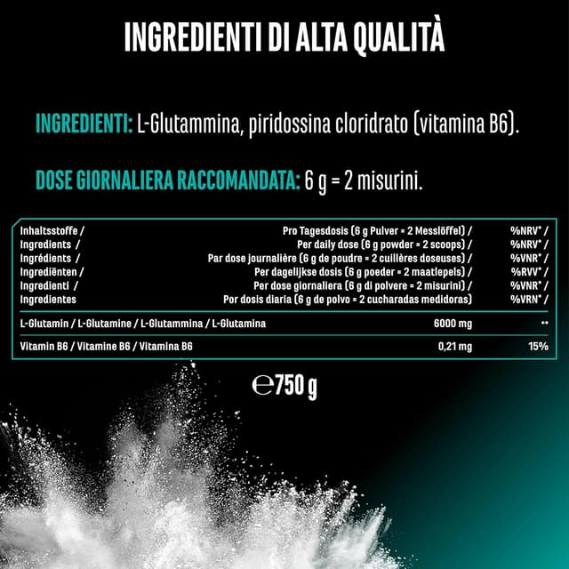 Detalle de L-Glutammina in polvere 750 g Premium (100% L-Glutammina micronizzata, senza aromi, vegan)