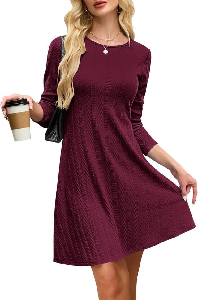 Detalle de AUSELILY Damen Strickkleid Herbst – leichtes Langarm-Kleid mit Rundhalsausschnitt