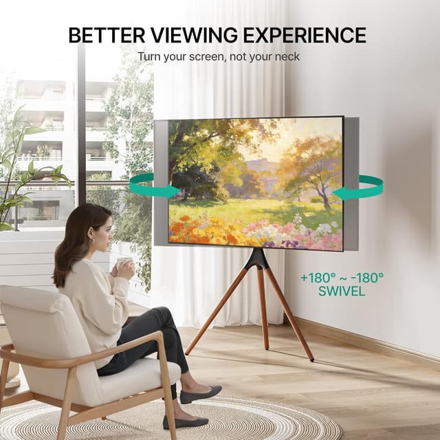 Detalle de ECOTINY Artistic Easel TV Stand (Tripod Floor Mount) for 43–65 Inch TVs, 180° Swivel, Max VESA 600×400mm, Black Walnut