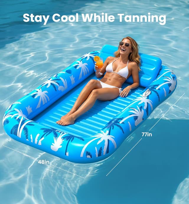 Detalle de X-Large Inflatable Tanning Pool Lounger Float with Sprinkler (Auto Spray Cooling) — Holds up to 2, with Cup Holder