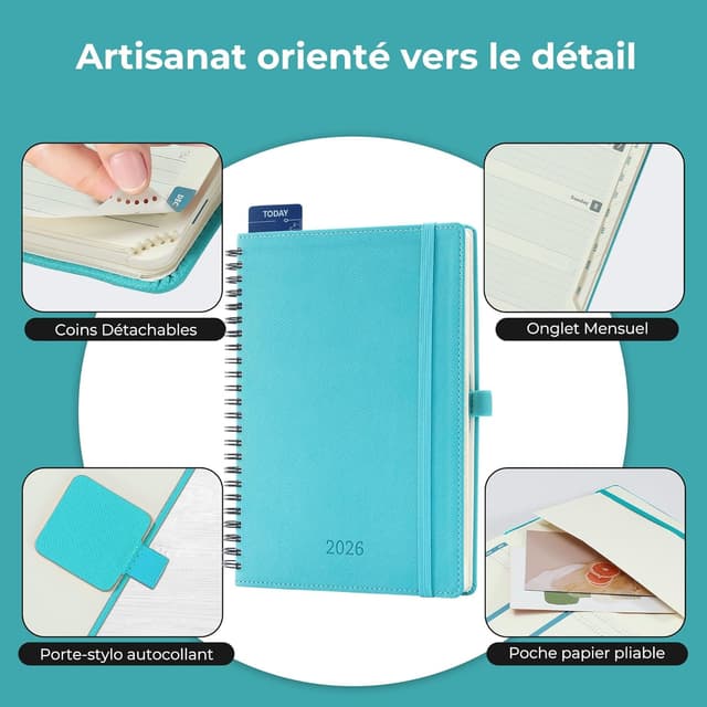 Detalle de IN-LUXPRO Agenda 2026 semainier A5 moyen (21,9 x 16,4 cm) à spirale, cuir PU bleu clair
