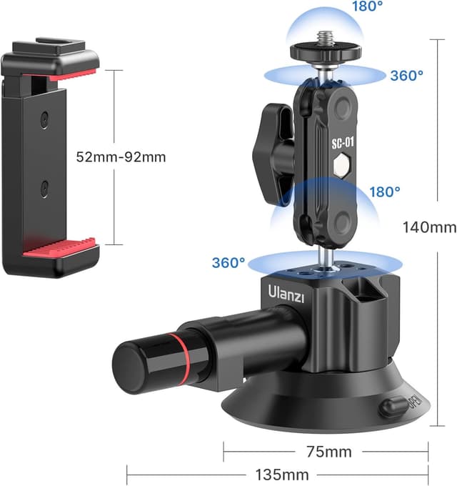 Detalle de UURig SC-01 3" Suction Mount for Vlogging Action Cameras with Smartphone Clamp (1/4" Magic Arm)