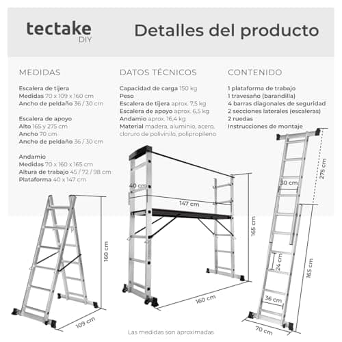 Detalle 2 de tectake® escalera plegable de aluminio 4 en 1 telescópica, tijera y andamio con ruedas (hasta 150 kg)