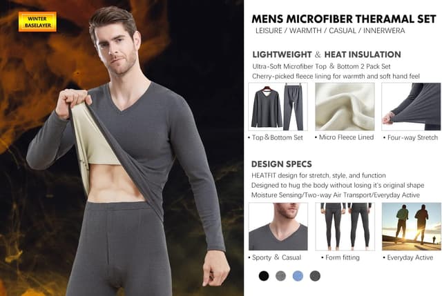 Detalle de Boyzn Mens Fleece Lined Thermal Underwear Set (Long Sleeve Top & Long Johns)