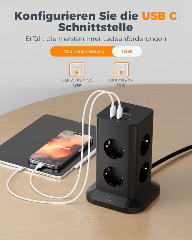 Detalle de TESSAN Mehrfachsteckdose mit Überspannungsschutz, 5 m Verlängerungskabel und 8 Fächern inkl. USB-C (5M)