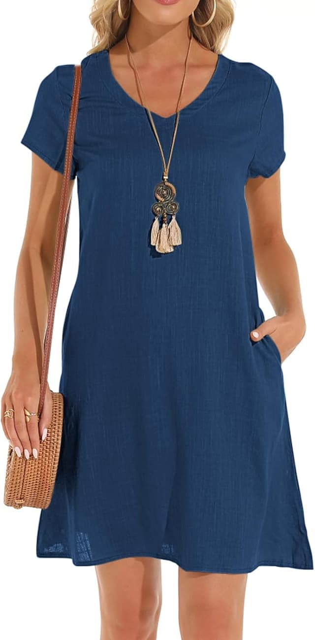 Detalle 2 de Tincini Sommerkleid Damen aus Baumwolle und Leinen – V-Ausschnitt Midikleid, Kurzarm, A-Linie