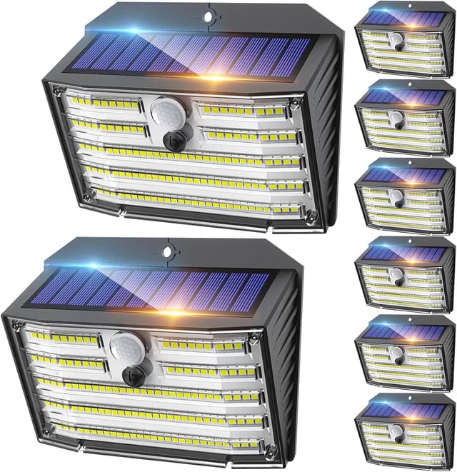 Detalle de CLAONER Solar Lights Outdoor (126LED) PIR Motion Sensor Security Wall Lights, 3 Modes, 270° Angle, IP65 Waterproof – 8 Pack