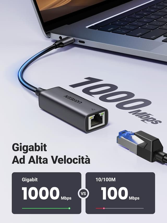 Thumbnail 1 de UGREEN Adattatore Ethernet USB-C a RJ45 1000 Mbps in alluminio (Thunderbolt 3) – convertitore di rete per MacBook, iPad e smartphone